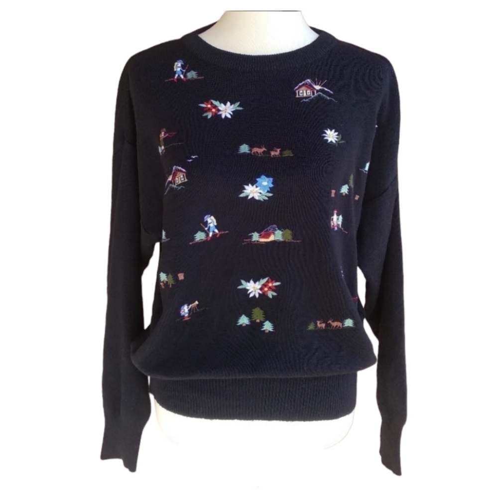 Vintage 80's Meister Embroidered Winter Scene Black Sweater